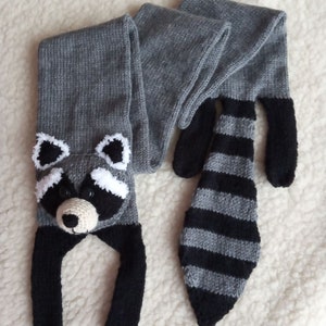 Knitted Merino  Grey Racoon Scarf. Wild Animal, Christmas Birthday Gift Idea, Stylish Winter,