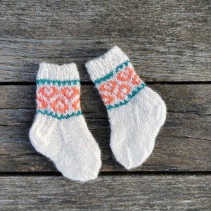 Knitted White winter socks with hearts for 6 9 month old girl image 3