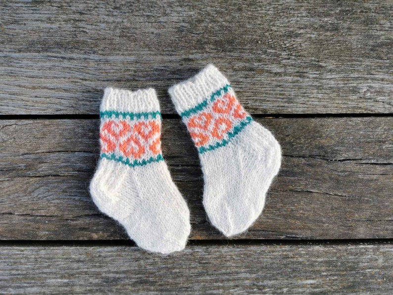 Knitted White winter socks with hearts for 6 9 month old girl image 3