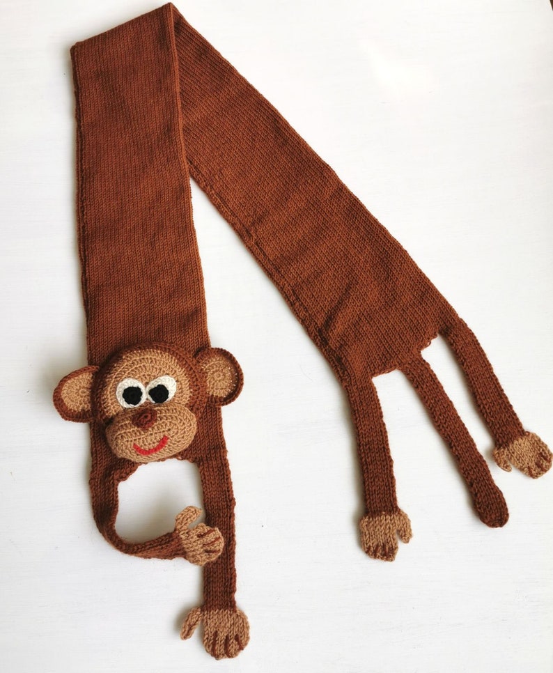 Knitted Brown Monkey Scarf. Banana Animal, Crazy, Lazy, Funny, Lovely, Cute, Amazing, Special, Unique, For Ace Venture or Dr. Dolittle Fan image 6