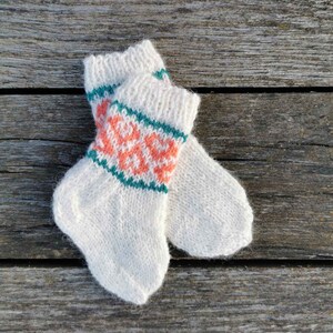 Knitted White winter socks with hearts for 6 9 month old girl image 2