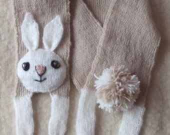 Knitted  Merino Rabbit Bunny Scarf. A Lovely Bunny with Long Ears and Big Heart. Smiling Animal which Make You Smile, For Peter Rabbit Fans