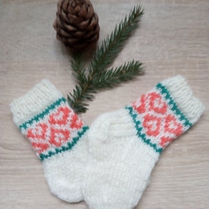 Knitted White winter socks with hearts for 6 9 month old girl image 4