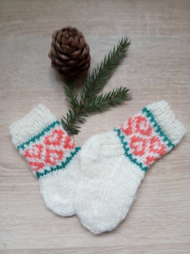 Knitted White winter socks with hearts for 6 9 month old girl image 4