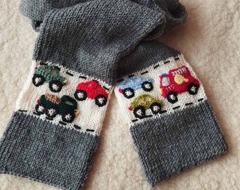 Knitted Grey Scarf Cars,  Colourful Cars, Scarf For Kids, Handmade Knitted Accessory For Kids, Fire Truck, Stylish Kids Cloth