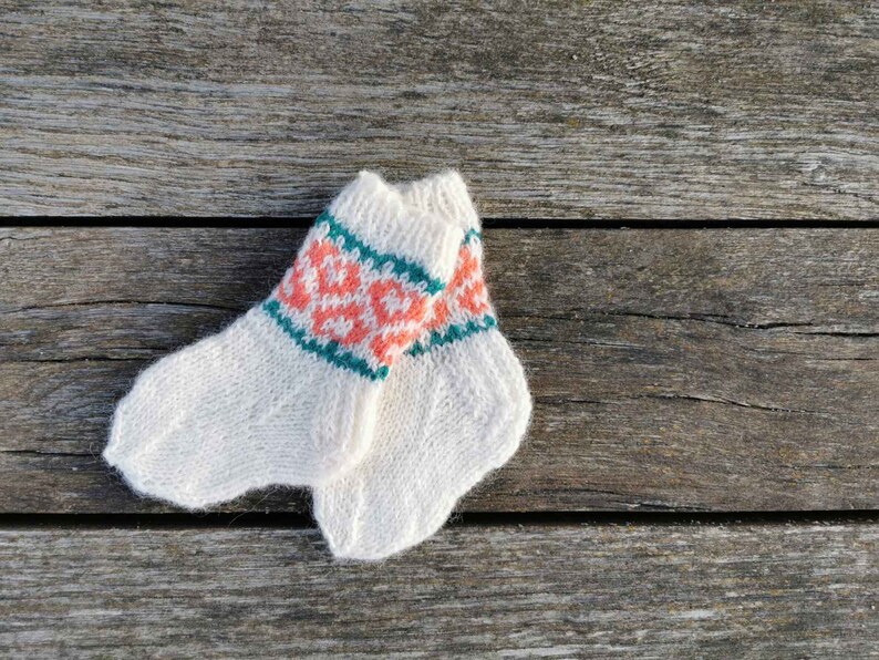 Knitted White winter socks with hearts for 6 9 month old girl image 5