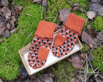 Manoplas naranjas de lana merino tejidas a mano para niños de 3-4 años. Accesorios de invierno para los más pequeños.