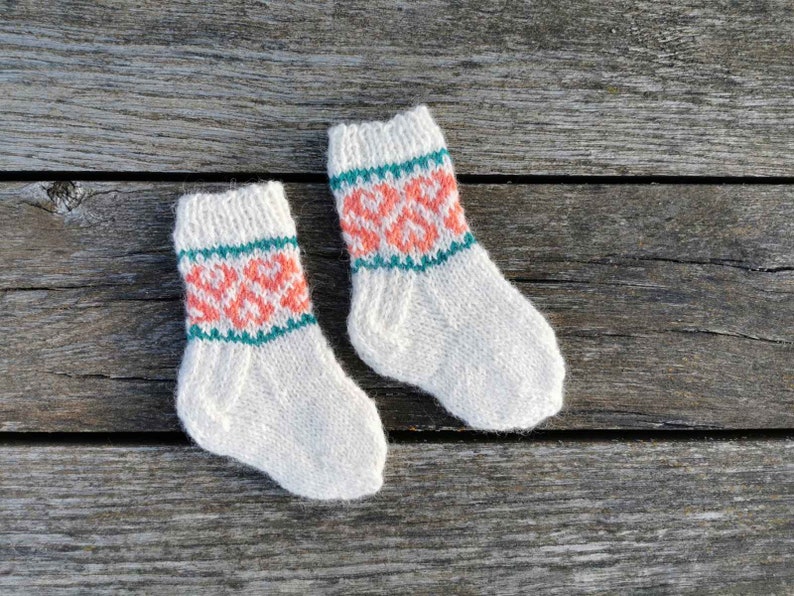 Knitted White winter socks with hearts for 6 9 month old girl image 1