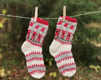 Knitted Winter socks with dwarfs for 5-6 age child