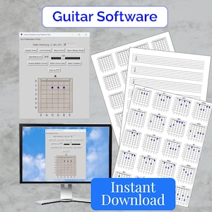 Può includere: Un monitor di computer e fogli stampati che mostrano diagrammi di accordi per chitarra. Lo schermo mostra un'interfaccia software per la generazione di accordi per chitarra. I fogli stampati presentano vari grafici di accordi, con il testo "Guitar Software" e "Instant Download" in blu.