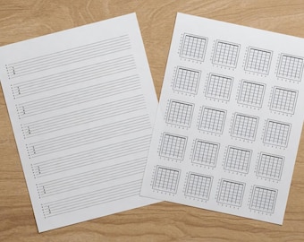 Druckbare Gitarren-Akkordtabelle PDF mit Blanko-Tabulatur-Übungswerkzeug zum digitalen Download