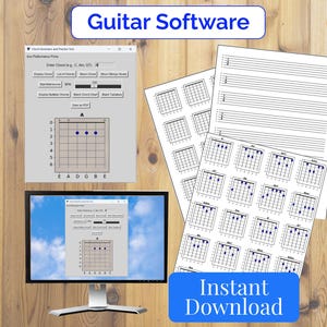Può includere: Un monitor di computer e stampe che mostrano diagrammi di accordi per chitarra. Lo schermo mostra un'interfaccia di generatore di accordi per chitarra con il testo "Guitar Software". Le stampe presentano vari grafici di accordi. L'immagine include anche il testo "Instant Download."