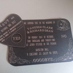 Ouija board gothic Halloween wedding invitation and planchette rsvp invitation set, silver foil, embossed, witchy