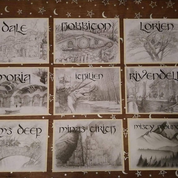 Themed sketch style table name cards