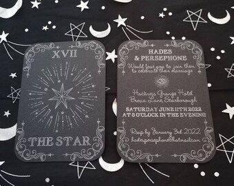 The star silver foiled embossed tarot card wedding invitation or save the date, double sided