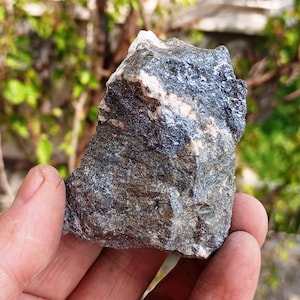 May include: A close-up of a dark gray rock with white streaks. The rock has a rough, textured surface.