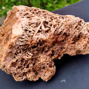 Puede incluir: Un espécimen mineral en bruto de color marrón claro que presenta una estructura compleja y porosa con numerosas formaciones cristalinas en forma de aguja entrelazadas. La superficie tiene un aspecto rugoso y texturizado en tonos tierra.