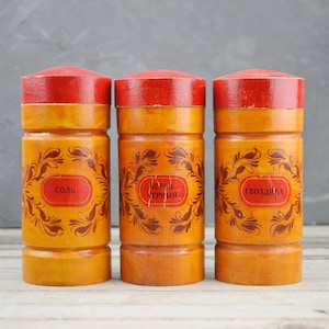 Set for spices . Wooden Set of Pepper Salt and clove seasoning . kitchen decor . Retro USSR . 1970s