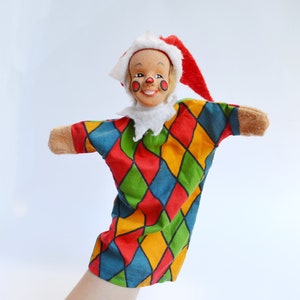 Rare Antique Hand Puppet Clown . Harlequin . Vintage Hand Puppet . Hand Glove Marionette Theatre.  1950s