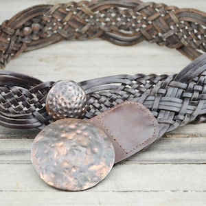 Vintage Brown Leather Woven Belt: Boho Western Style, Bronze Buckle