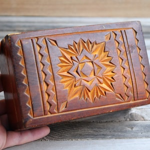 Vintage Handmade Carved Wooden Jewelry Box  . Hand Wood Carving . USSR 1960s