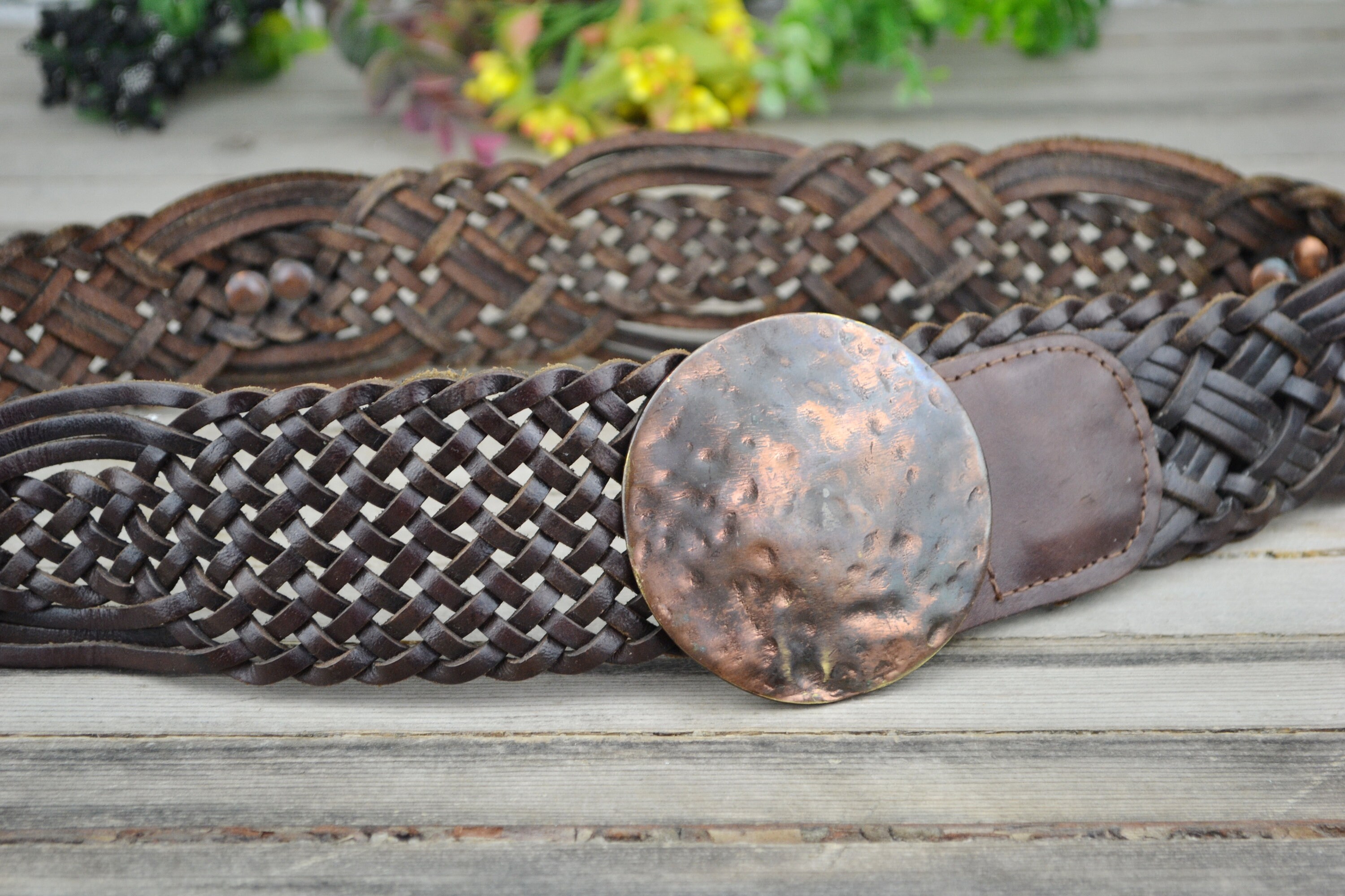 Vintage BOHO Bronze Luxe Velvet Wrapped Wide woven Satin Statement leather Belt Ocean Wave Embossed Leather Belt - Cellar Leather main image 3