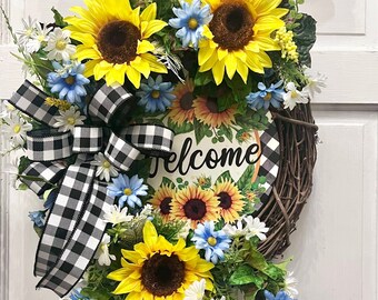 Sunflower Grapevine for everyday, Sunflower Welcome Grapevine, Sunflower Wreath, Welcome Sunflower Grapevine,