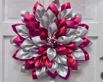 Christmas Flower Wreath, Red and Silver Christmas Flower, Christmas Flower, Glitter Christmas Flower, Christmas Decoration,