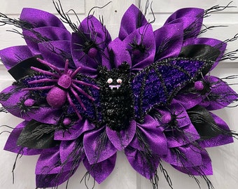 Halloween Bat and Spiders Custom Flower Wreath , Halloween Decor, Bat Decor, Spider Decor, Halloween Bat and Spiders,