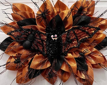 Halloween Bat and Spiders Custom Flower Wreath , Halloween Decor, Bat Decor, Spider Decor, Halloween Bat and Spiders