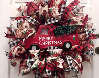 Christmas Custom Red Truck Wreath will look so cute hanging in your home. Christmas Truck Wreath will bring on the Christmas Joy!