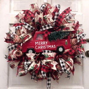 Christmas Custom Red Truck Wreath will look so cute hanging in your home. Christmas Truck Wreath will bring on the Christmas Joy!