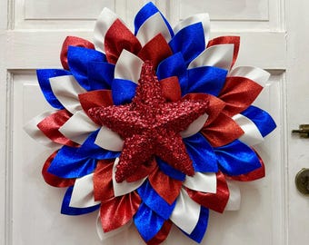 Patriotic Custom Glitter Flower Wreath to hang as holiday decor. Patriotic Glitter Flower to shine in your home. Flower to celebrate the USA