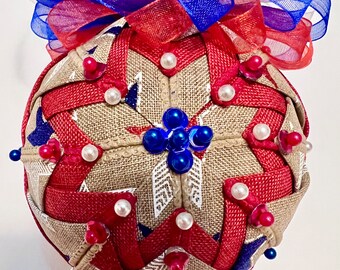Patriotic  Rustic 4” Ornament, Red White Blue Ornament, Ribbon Ornament, USA Decor, Patriotic Stars And Stripes Ornament, Country Patriotic