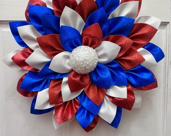 Patriotic Custom Glitter Flower Wreath to hang as holiday decor. Patriotic Glitter Flower to shine in your home. Flower to celebrate the USA