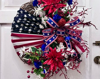 Patriotic Scarf Flag Grapevine Wreath will hang with pride for the USA. Patriotic Grapevine to celebrate the USA.