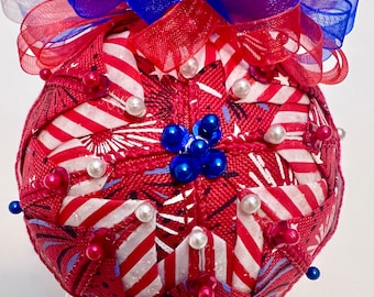 Patriotic  4” Ornament, Red White Blue Ornament, Ribbon Ornament, USA Decor, Patriotic Stars And Stripes Ornament.