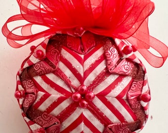 Christmas Red White 3” Ornament, Elegant Ornament, Quilted Ornament, Glittered Round Ornament, Candy Came Ornament