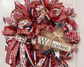 Patriotic Rustic Wreath, Americana Wreath,  Patriotic Wooden Star Wreath, Farmhouse Patriotic Wreath, Star Patriotic Wreath, Red White Blue
