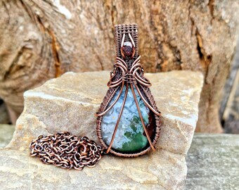 Antiqued Copper Chalcedony & Cubic Zirconia Pendant • Wire Wrapped • Hand Made • Gift For Her • Teardrop Chalcedony • P0707