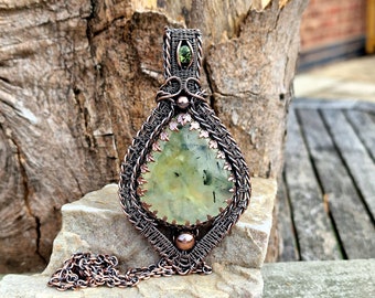 Antiqued Copper Prehnite Rutilated Quartz & Peridot Pendant • Wire Wrapped • Hand Made • Gift For Her • Teardrop Prehnite • P0726