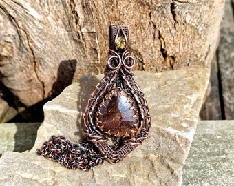 Antiqued Copper Boulder Opal • Multi-colour • Citrine Chaton • Wire Wrapped • Hand Made • Gift For Her • Freeform Boulder Opal • P0721