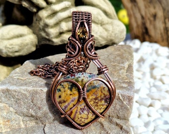 Antiqued Copper Ocean Jasper & Citrine Pendant • Wire Wrapped • Hand Made • Gift For Her • Pear Ocean Jasper • P0822