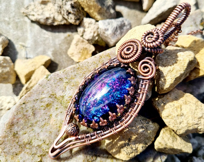 Antiqued Copper Rainbow Iridised Black Glass Pendant