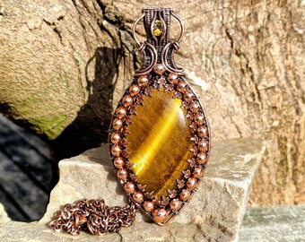 Antiqued Copper Tigers Eye & Citrine Pendant • Wire Wrapped • Hand Made • Gift For Her • Marquise Tigers Eye • P0708