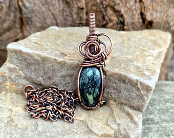 Antiqued Copper Variquoise Pendant • Wire Wrapped • Hand Made • Gift For Her • Oval Variquoise • P0725