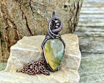 Antiqued Copper Labradorite Pendant • Green Gold • Wire Wrapped • Hand Made • Gift For Her • Teardrop Labradorite • P0681