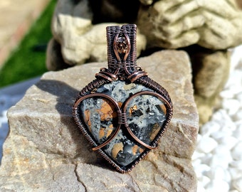 Antiqued Copper Maligano Jasper & Cubic Zirconia Pendant • Wire Wrapped • Hand Made • Gift For Her • Pear Maligano Jasper • P0823