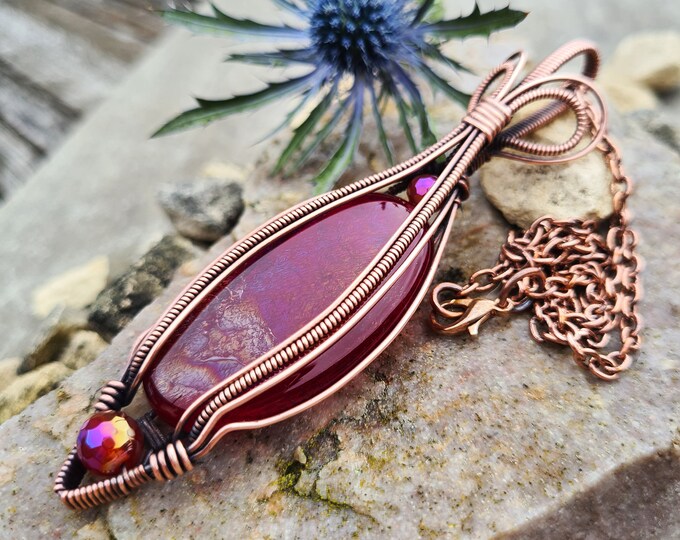 Antiqued Copper Red Iridised Oval Glass Pendant