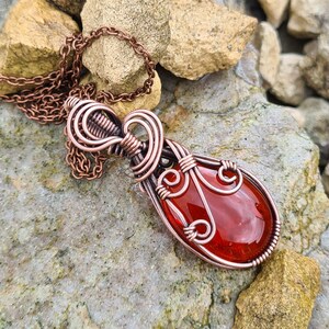 Antiqued Copper Glacé Orange Pendant - Wire Wrapped Pendant - Oval - Gift For Her - P0271